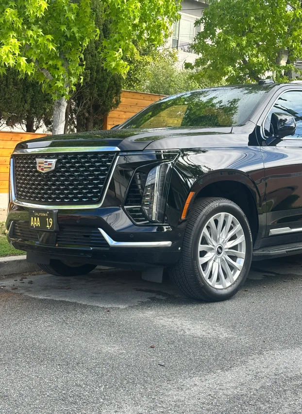 Black Cadillac Escalade parked on a tree-lined residential street